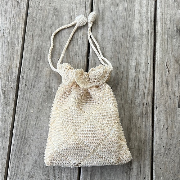 Vintage Valerie Stevens Beaded Drawstring Pouch Bag Ivory Cream Bridal Purse - Picture 1 of 10
